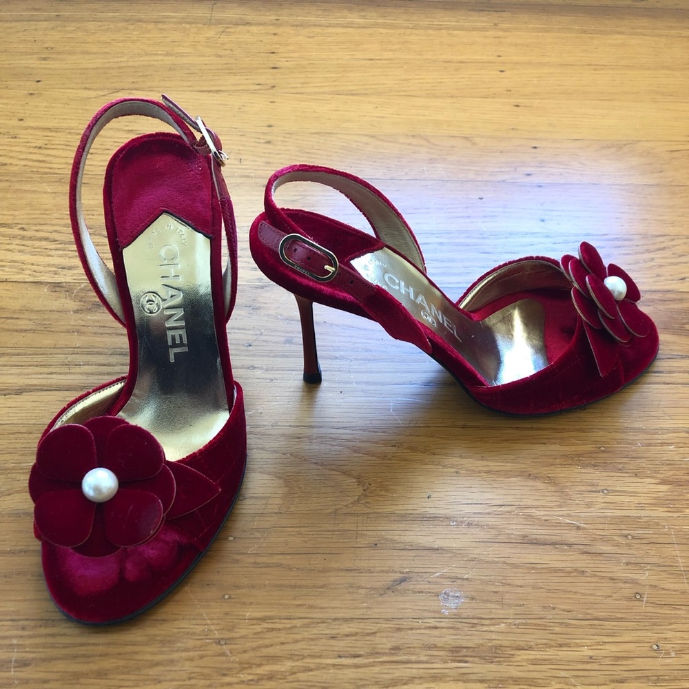 Red Chanel velvet sandals